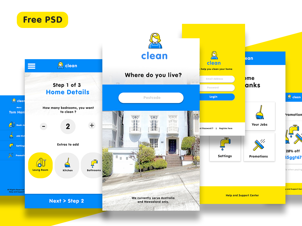 Free Cleaning Service App UI Kit Design Coon 251219