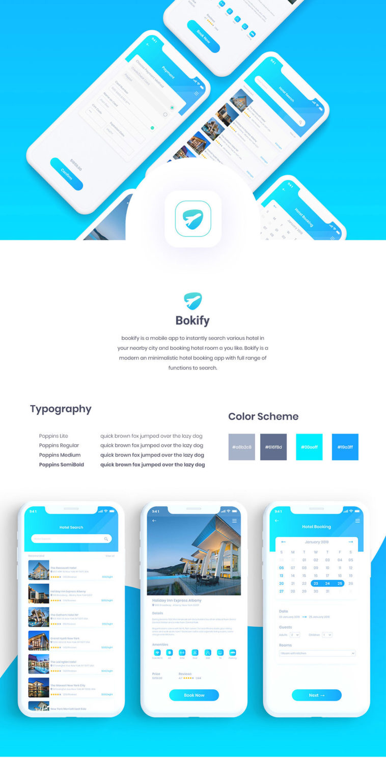 Free Bokify Hotel Booking App UI Kit Xd Template - Xd File