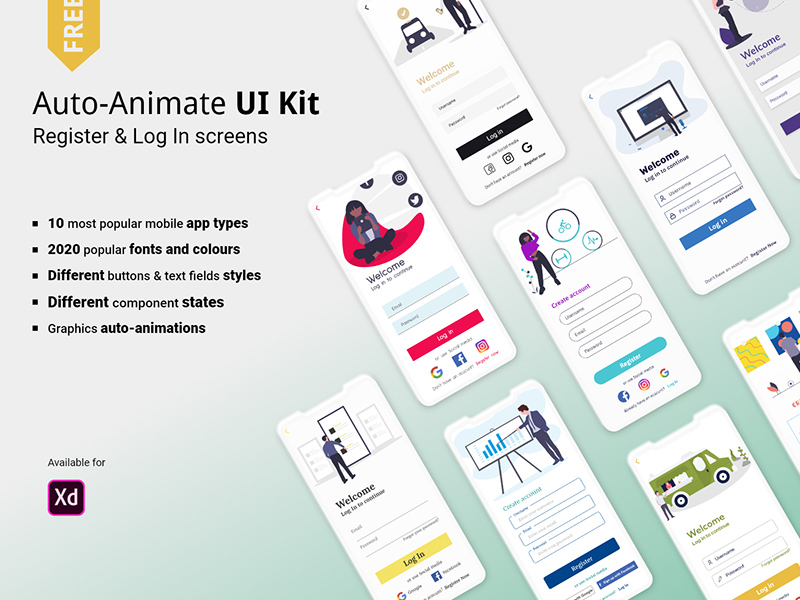 Auto Animate Register and Login UI Kit For Adobe XD - Xd File