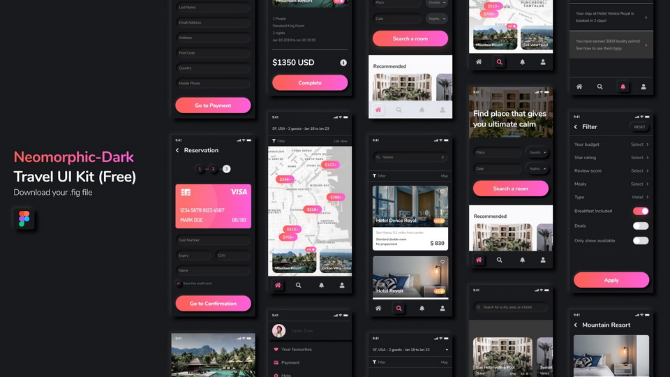  Neomorphic Travel UI Kit Figma