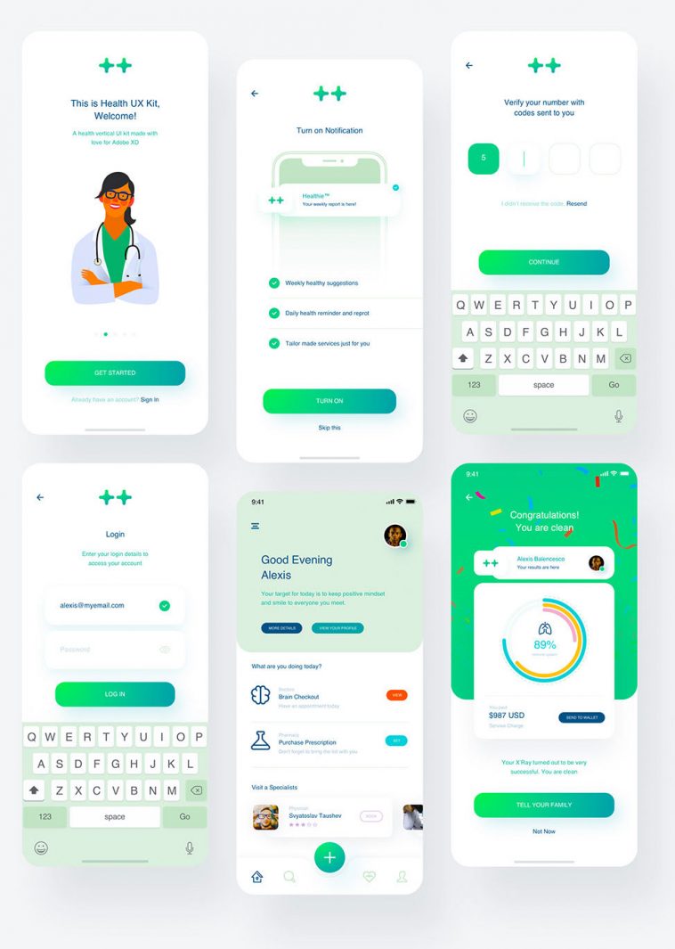 Free Health Industry App Design System UI Kit XD - Free Xd File