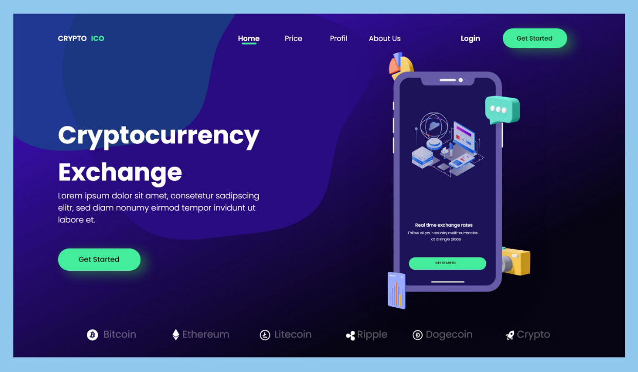 Cryptocurrency Exchange Free Adobe XD Landing Page