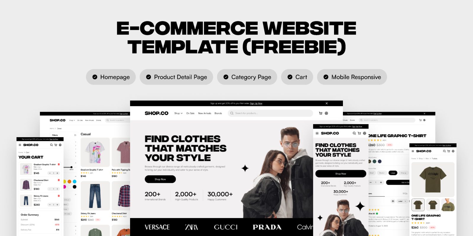 Free E-Commerce Website Template Figma UI Kit with homepage, product page, shopping cart, category layout, and responsive mobile design.