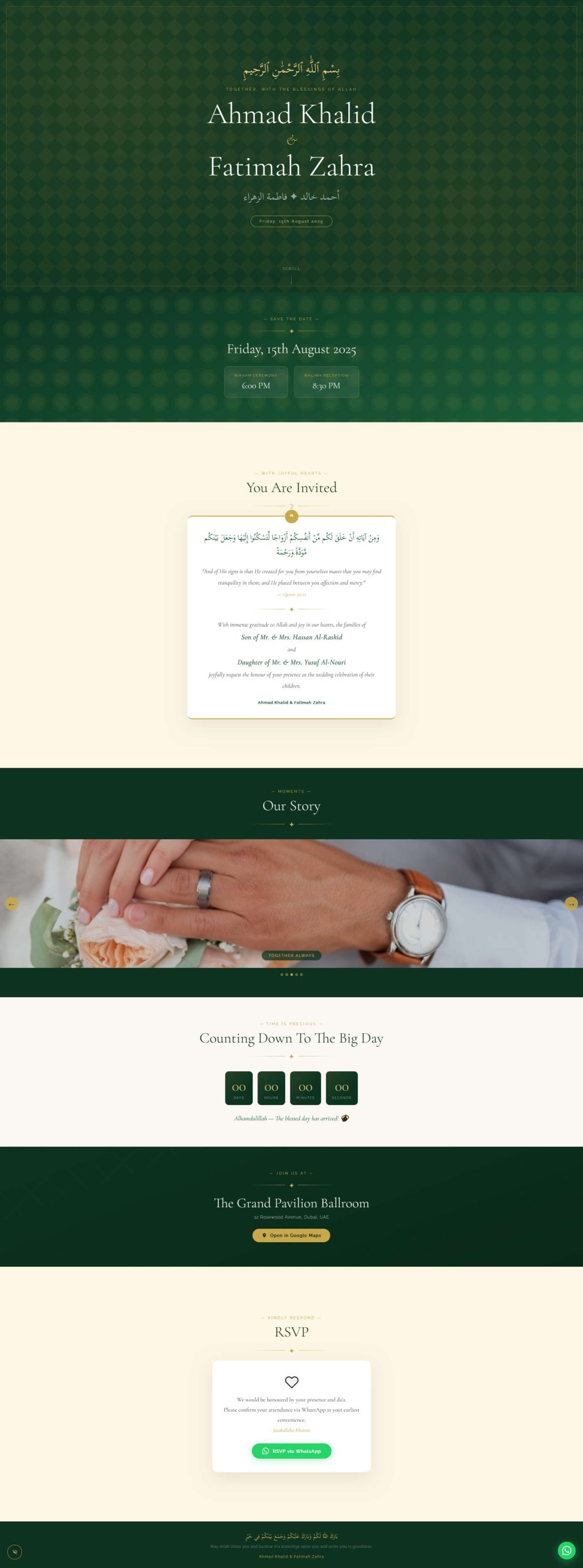 Free Muslim Digital Wedding Card HTML Template with Islamic green design, countdown timer, RSVP section, music player, and wedding invitation layout.
