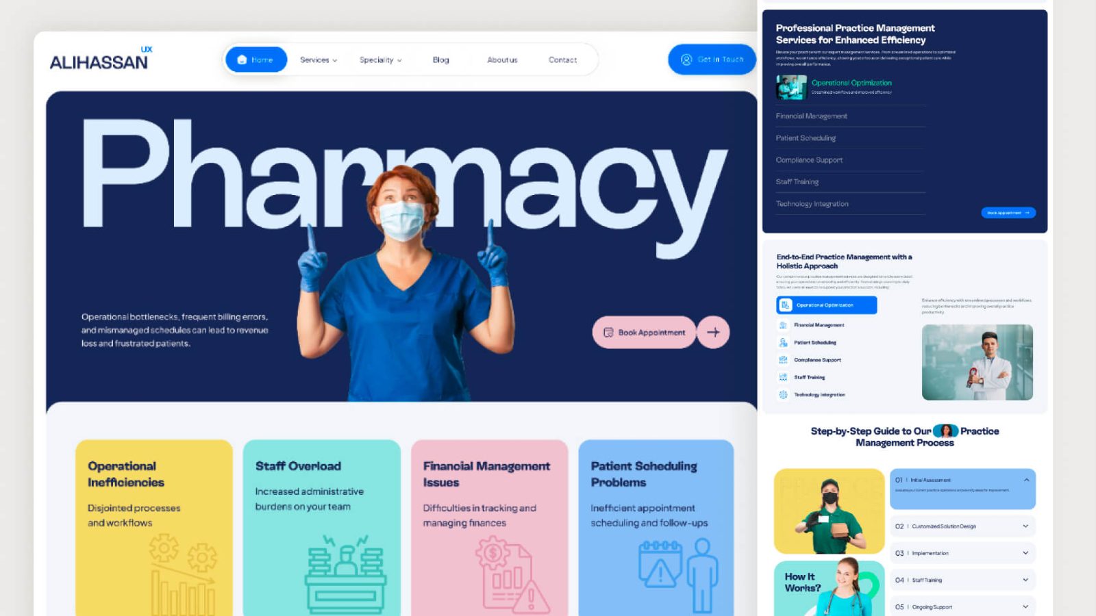 Free Figma Pharmacy Website Template with medical landing page, appointment booking UI, healthcare services sections, and responsive website design.